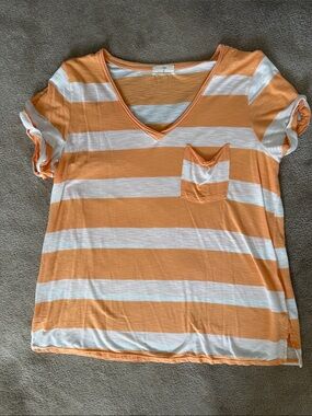 T.La Striped V-Neck Pocket Tee - Peach & White